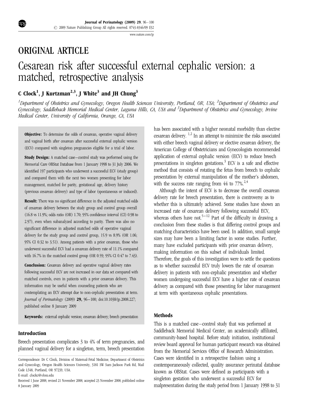 Cesarean Risk After Successful External Cephalic Version: a Matched, Retrospective Analysis