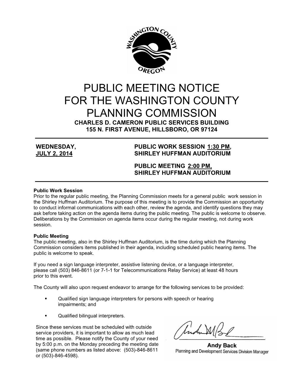 Public Meeting Notice for the Washington County Planning Commission Charles D