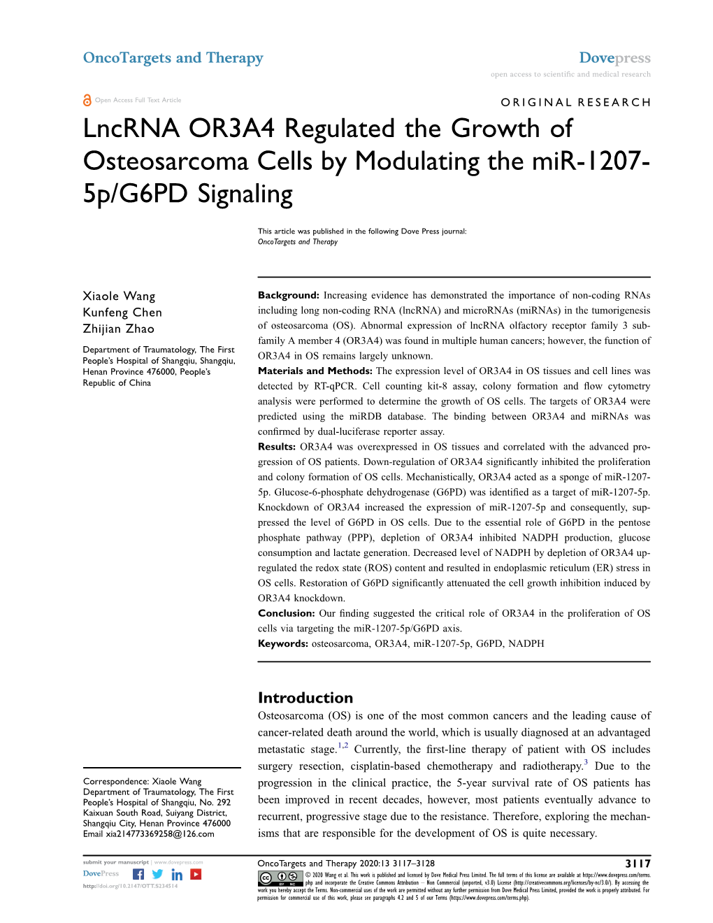 Lncrna OR3A4 Regulated the Growth of Osteosarcoma Cells by Modulating the Mir-1207- 5P/G6PD Signaling