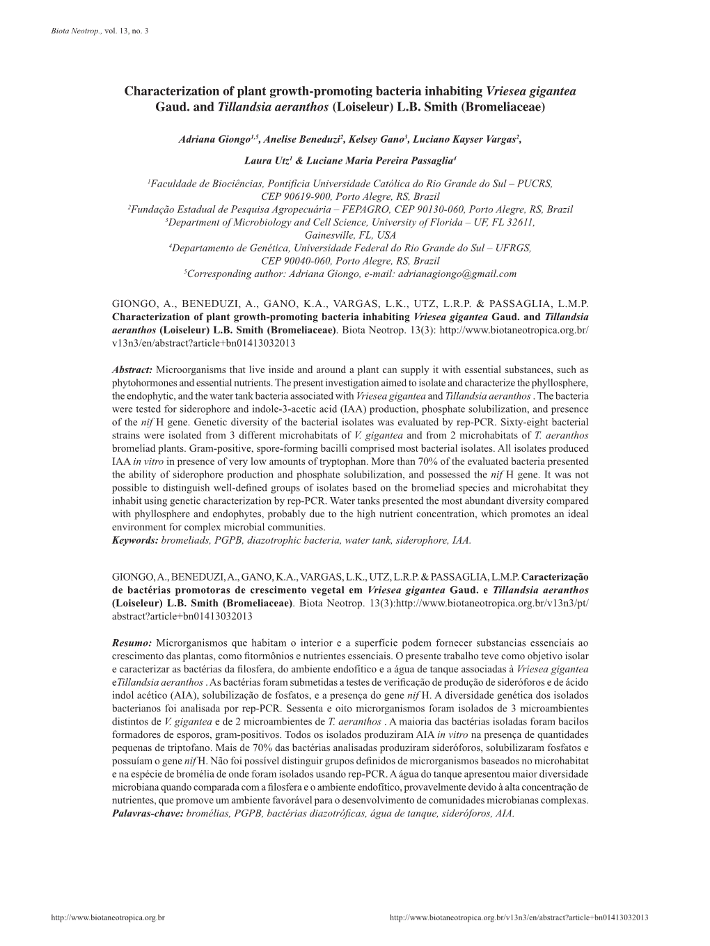 Characterization of Plant Growth-Promoting Bacteria Inhabiting Vriesea Gigantea Gaud. and Tillandsia Aeranthos (Loiseleur) LB Smith (Bromeliaceae)