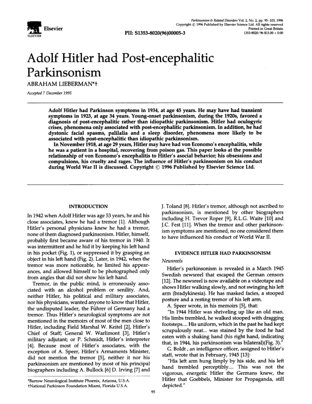 Adolf Hitler Had Post-Encephalitic Parkinsonism ABRAHAM LIEBERMAN