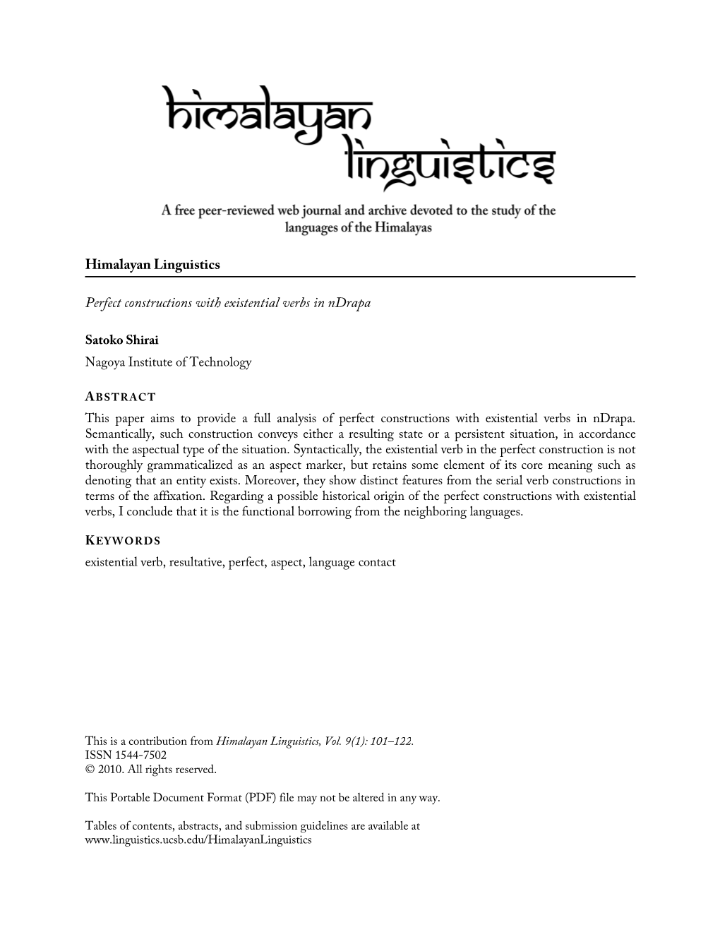 Himalayan Linguistics Perfect Constructions with Existential Verbs