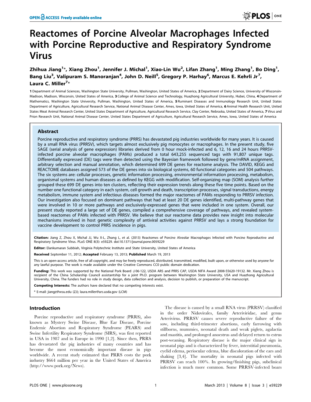 Reactomes of Porcine Alveolar Macrophages Infected with Porcine Reproductive and Respiratory Syndrome Virus