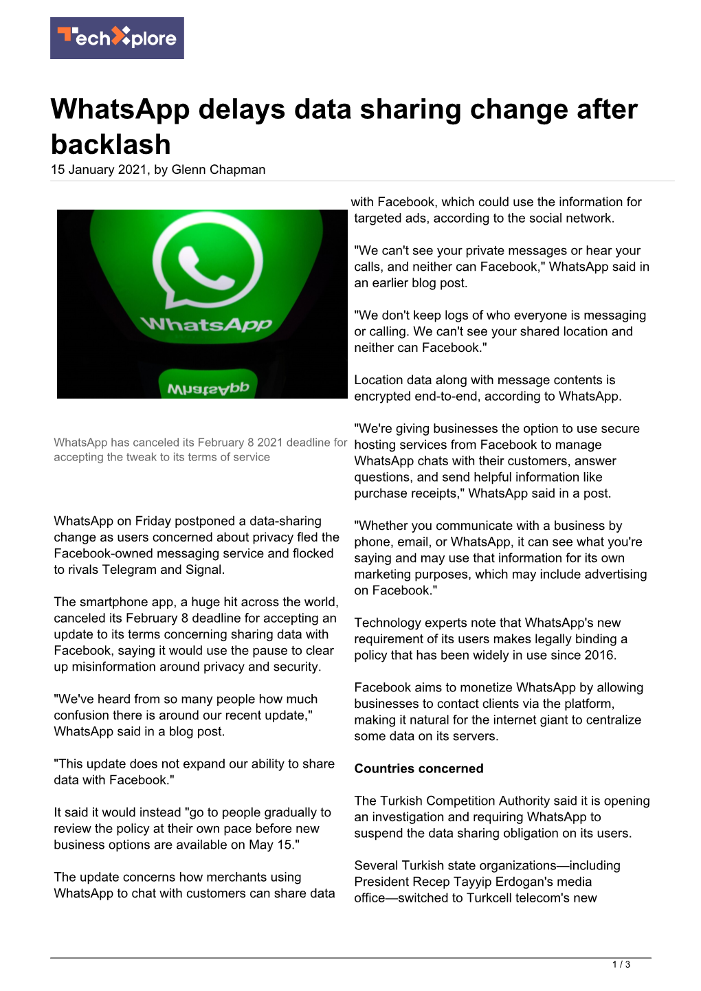 Whatsapp Delays Data Sharing Change After Backlash 15 January 2021, by Glenn Chapman