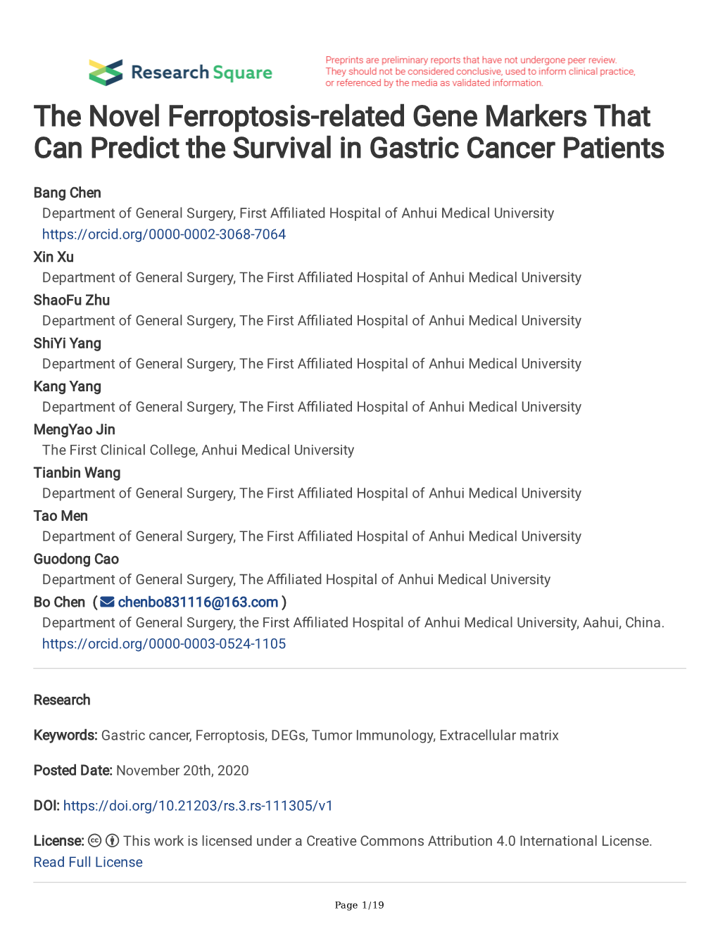 The Novel Ferroptosis-Related Gene Markers That Can Predict the Survival in Gastric Cancer Patients