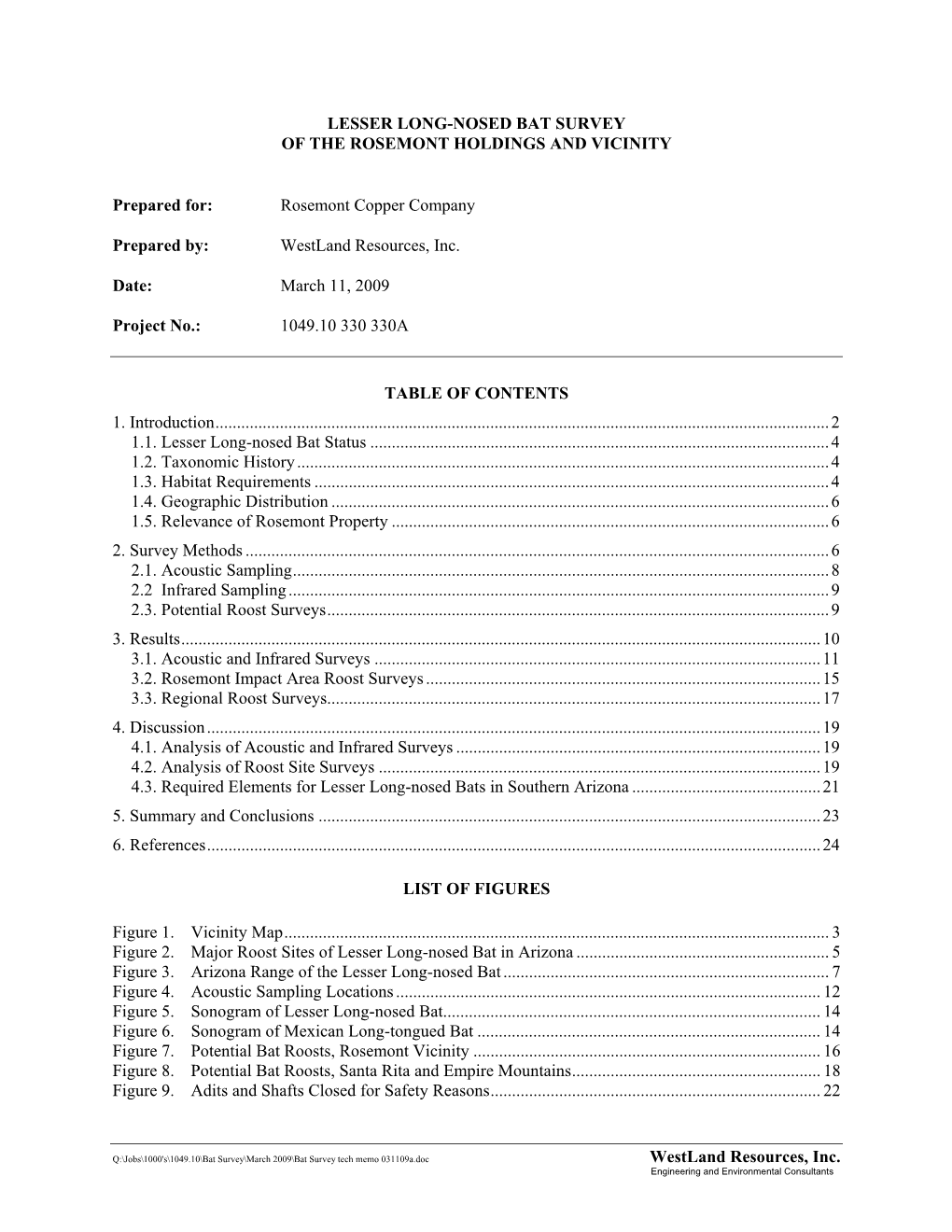 Westland Resources, Inc. LESSER LONG-NOSED BAT SURVEY OF