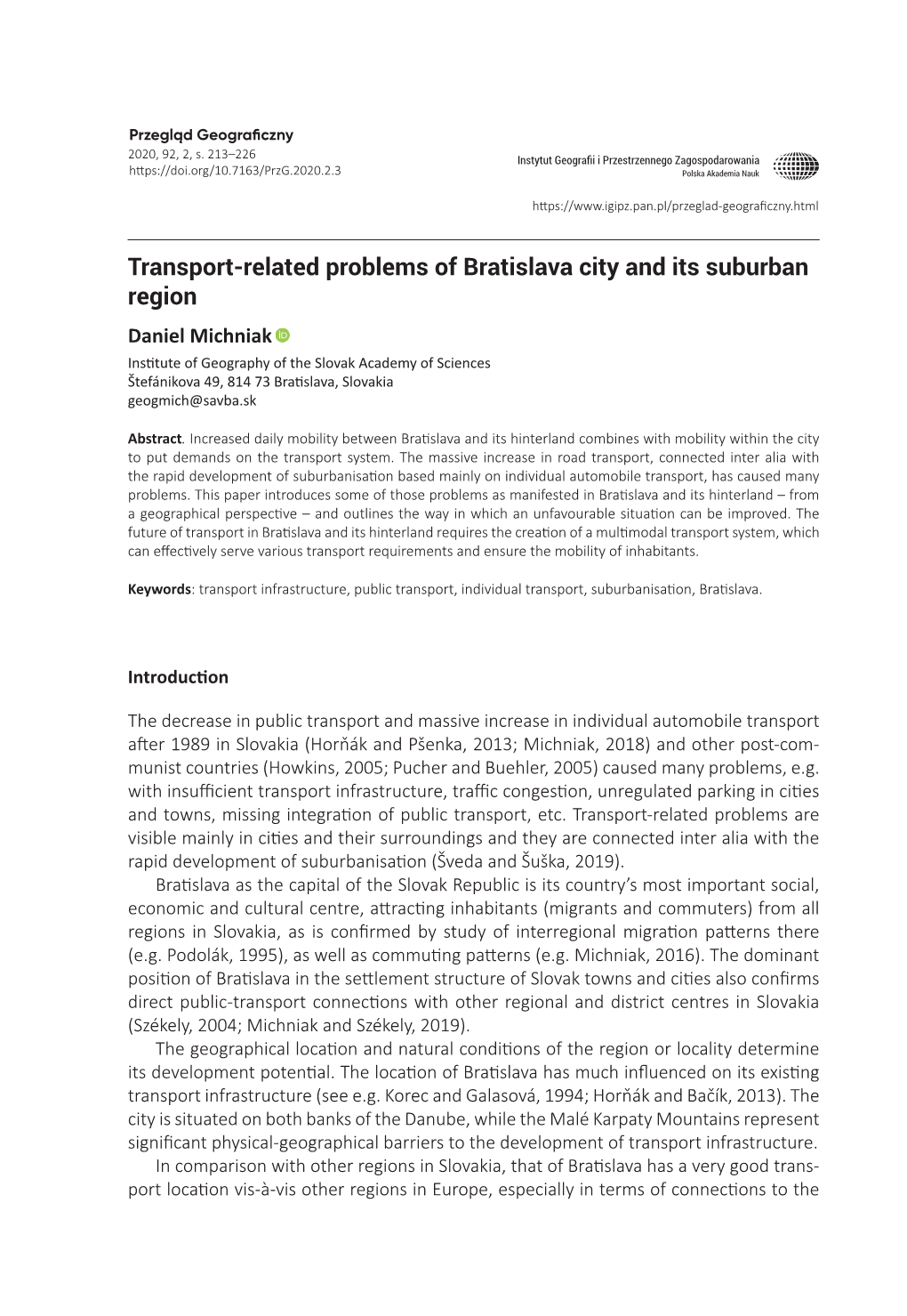 (2020), Transport-Related Problems of Bratislava City and Its