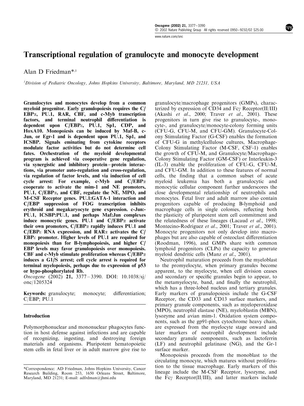 Transcriptional Regulation of Granulocyte and Monocyte Development