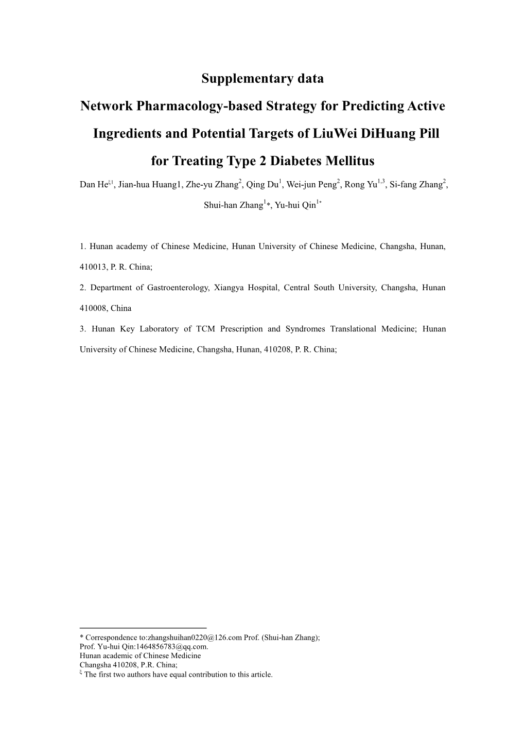 Supplementary Data Network Pharmacology-Based Strategy For