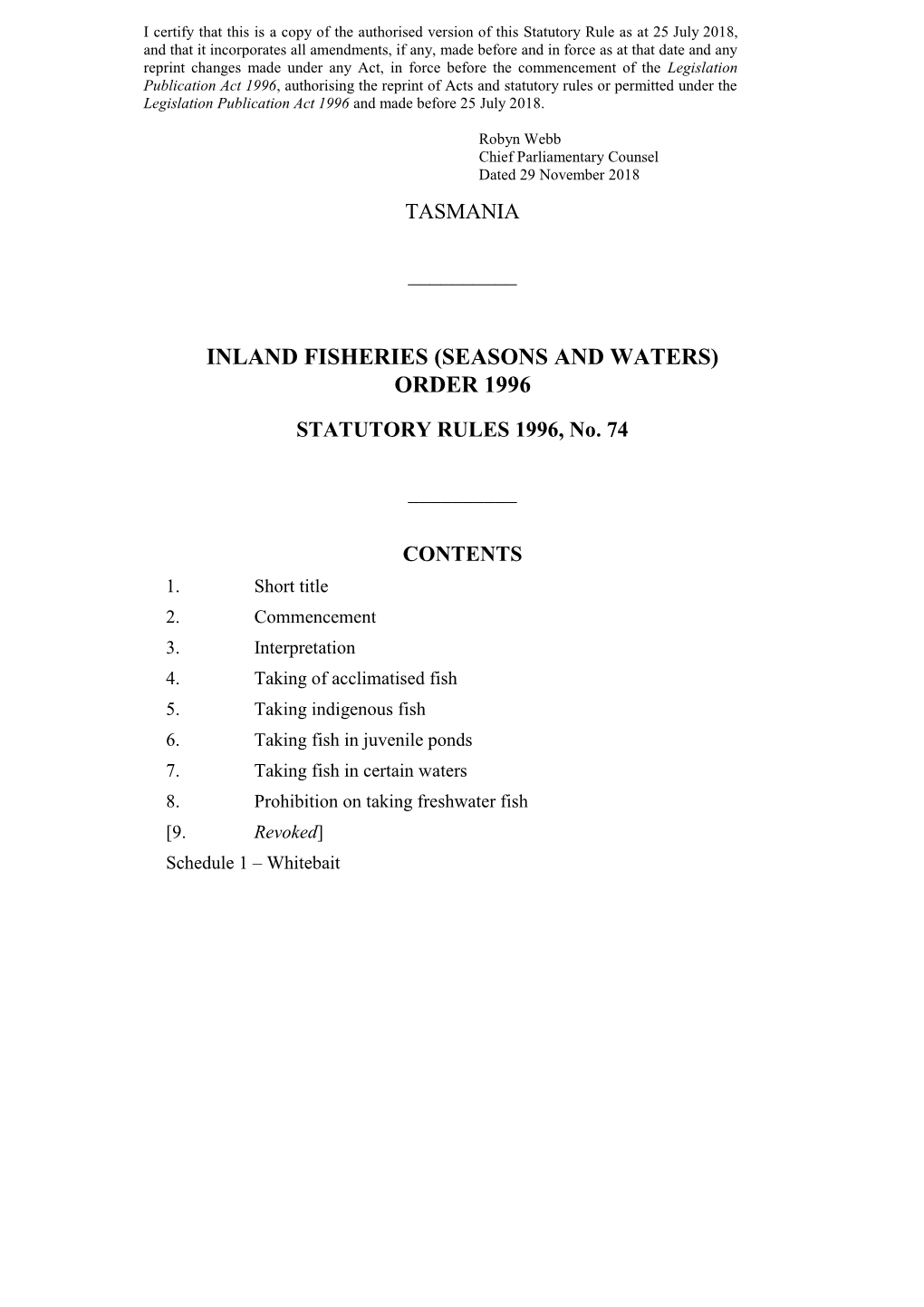 Inland Fisheries (Seasons and Waters) Order 1996