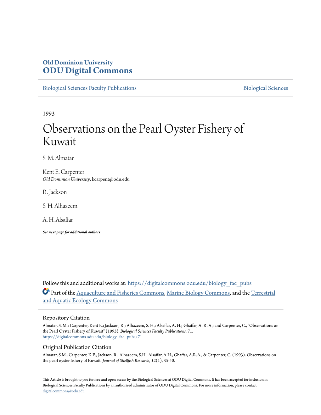 Observations on the Pearl Oyster Fishery of Kuwait S