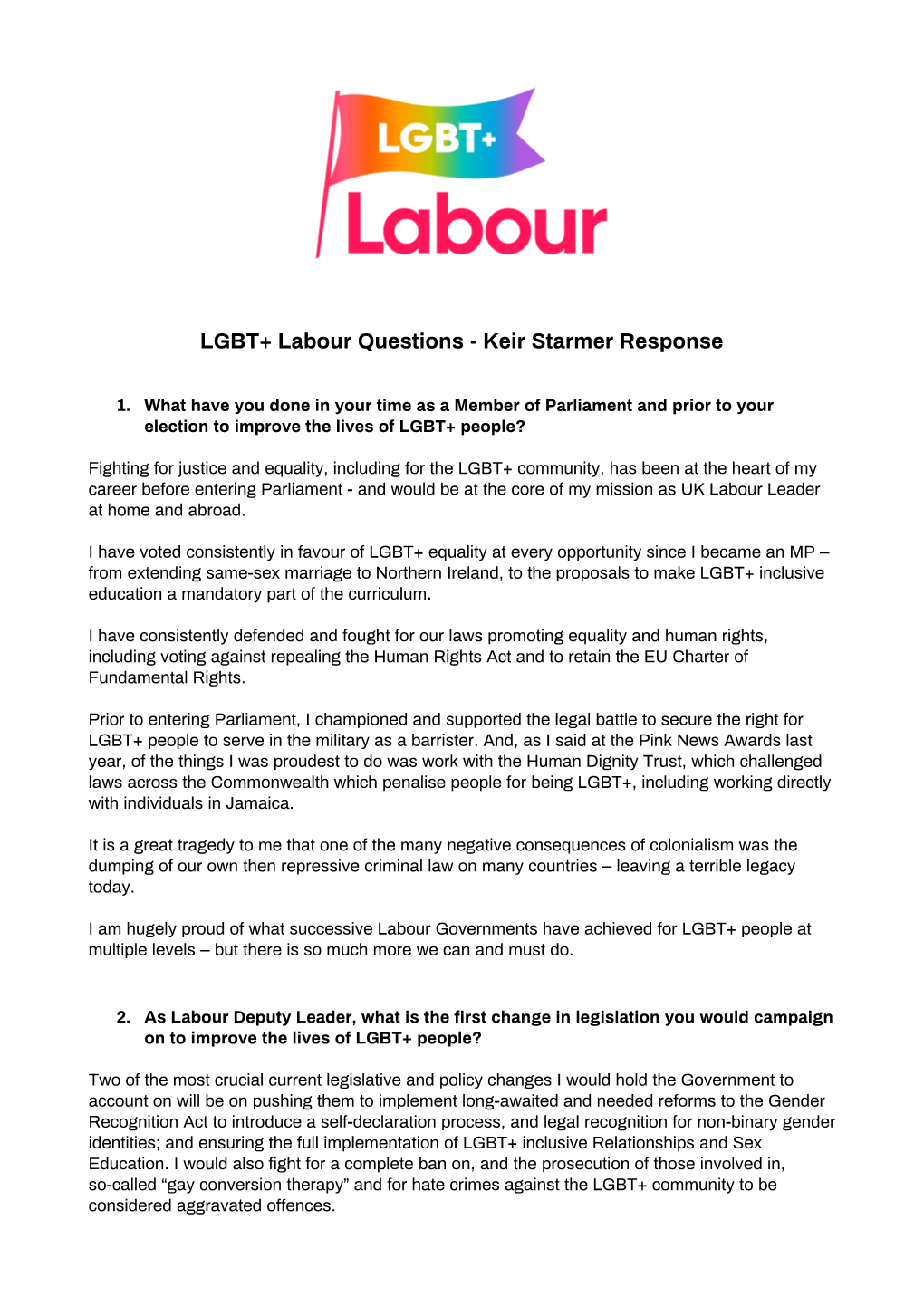 LGBT+ Labour Questions - Keir Starmer Response