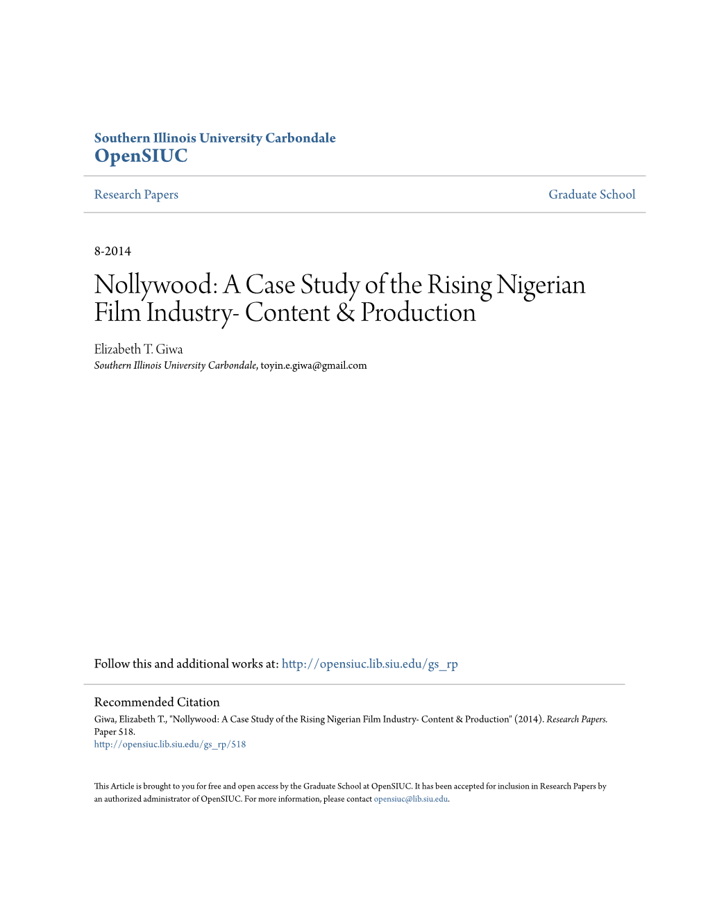 Nollywood: a Case Study of the Rising Nigerian Film Industry- Content & Production Elizabeth T