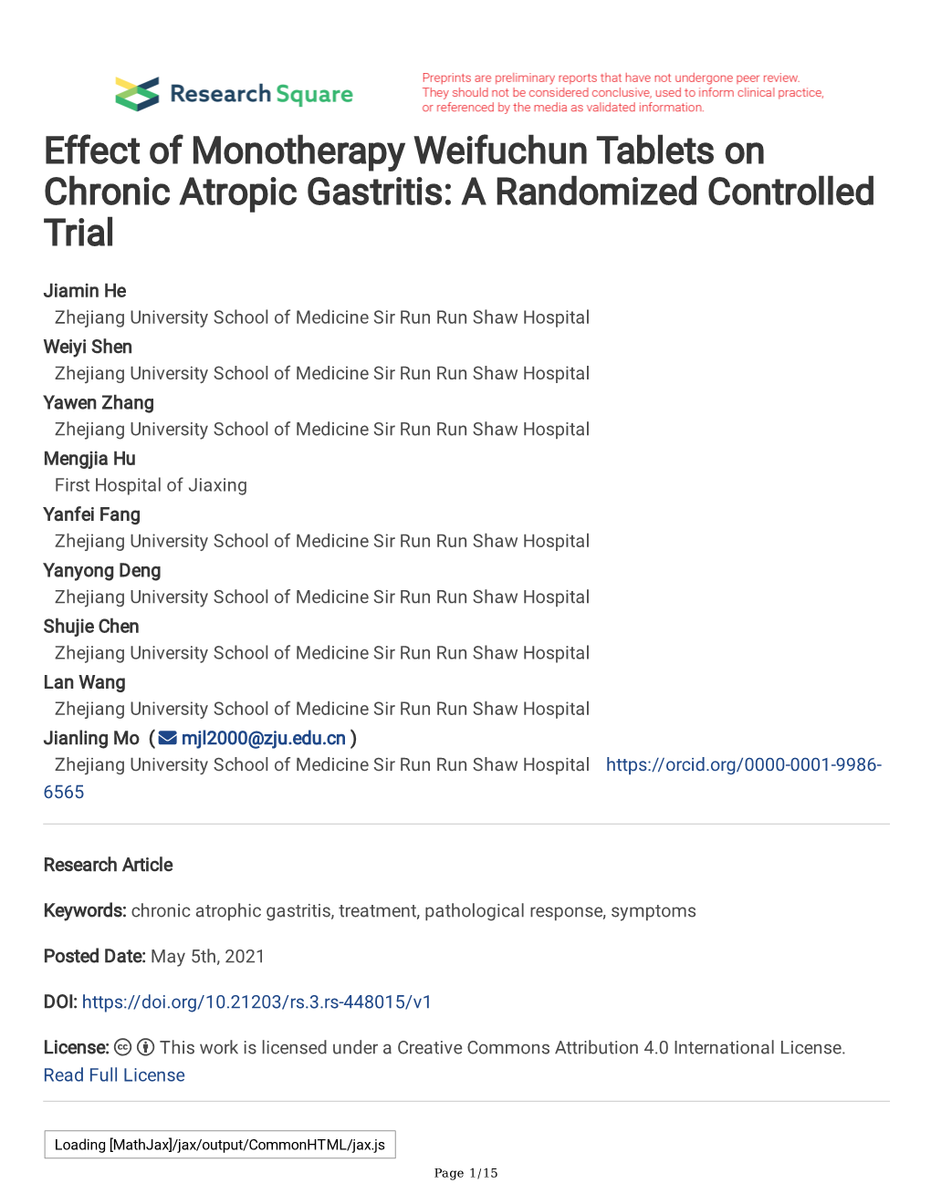 Effect of Monotherapy Weifuchun Tablets on Chronic Atropic Gastritis: a Randomized Controlled Trial