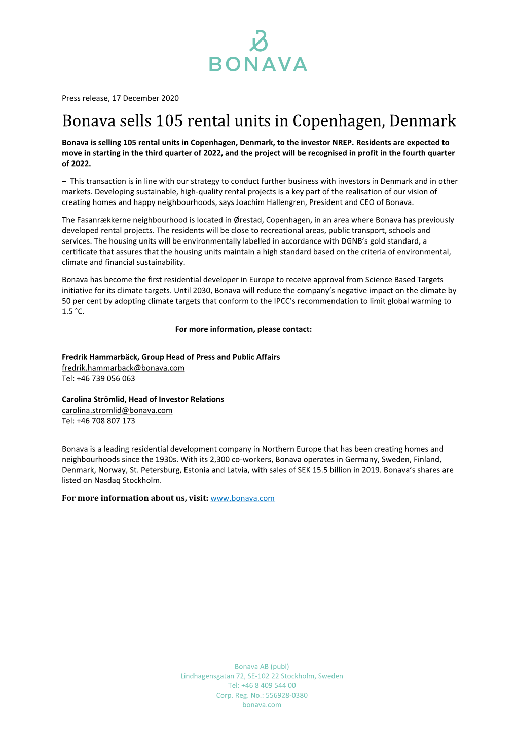 Bonava Sells 105 Rental Units in Copenhagen, Denmark