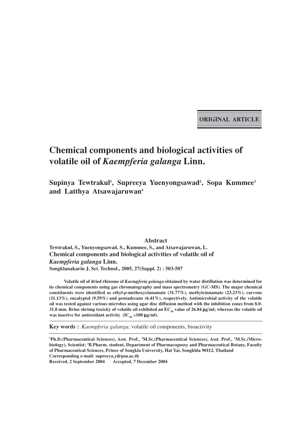 Chemical Components and Biological Activities of Volatile Oil of Kaempferia Galanga Linn