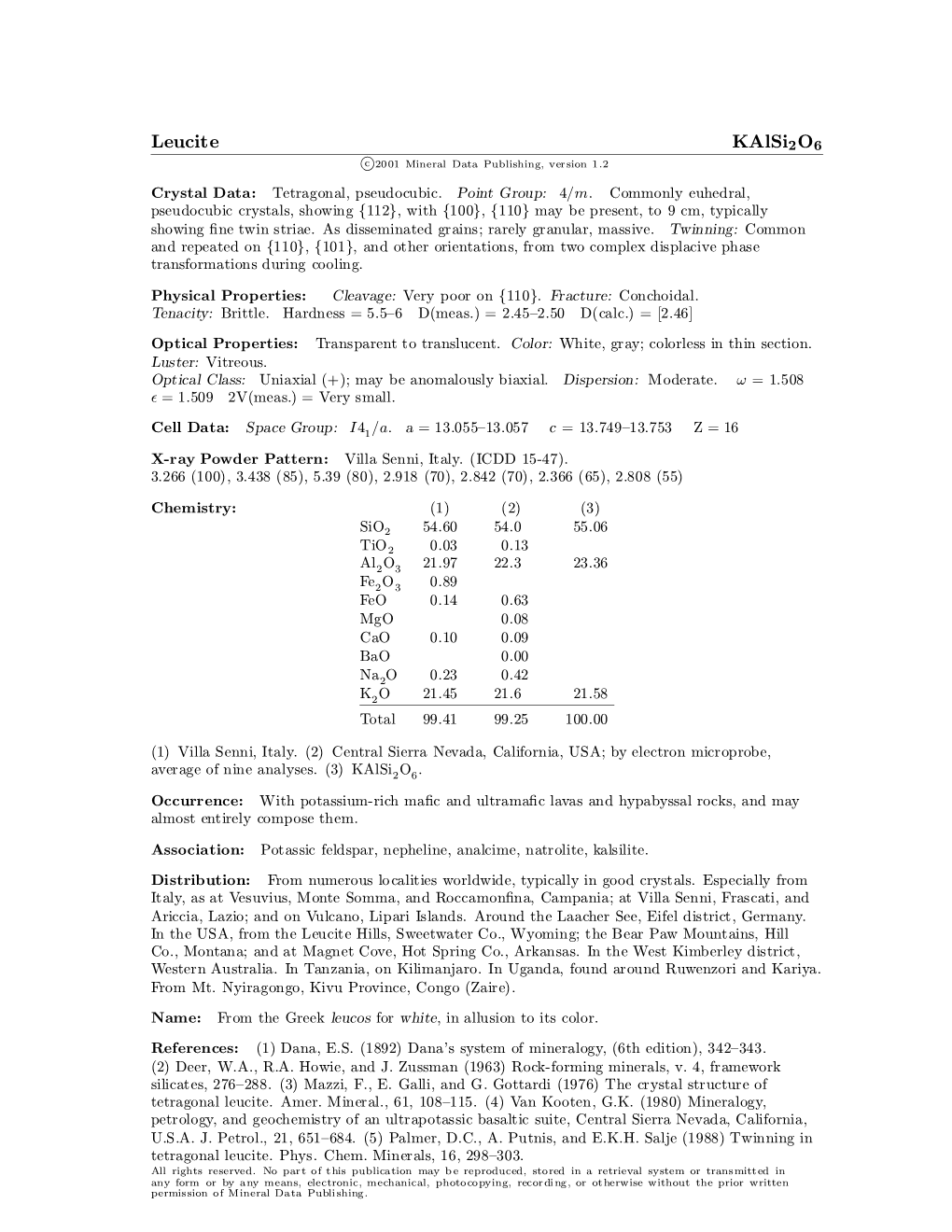 Leucite Kalsi2o6 C 2001 Mineral Data Publishing, Version 1.2 ° Crystal Data: Tetragonal, Pseudocubic