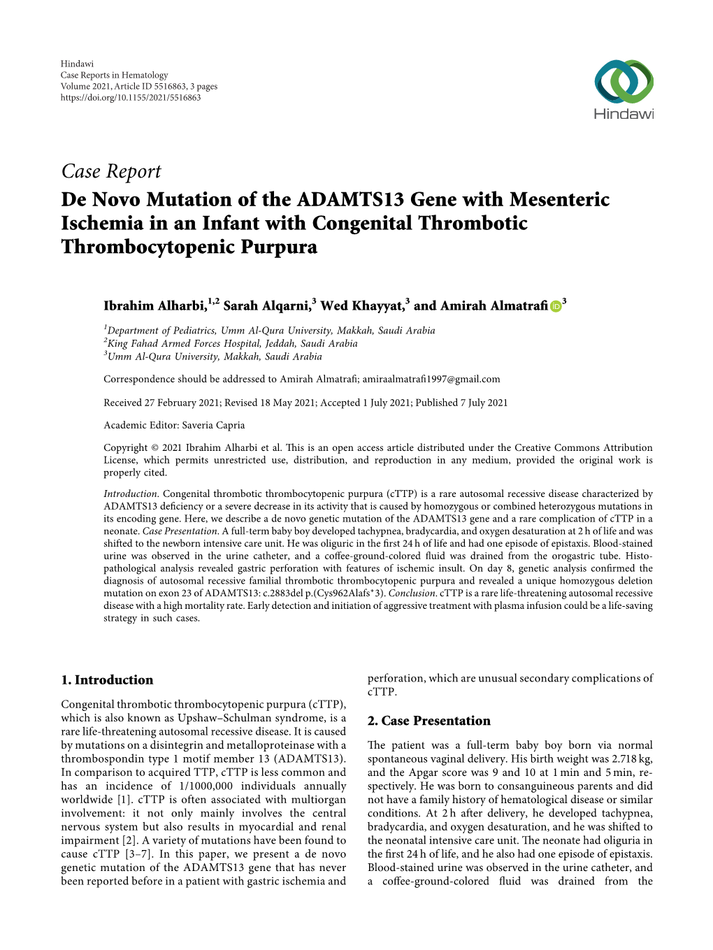 De Novo Mutation of the ADAMTS13 Gene with Mesenteric Ischemia in an Infant with Congenital Thrombotic Thrombocytopenic Purpura