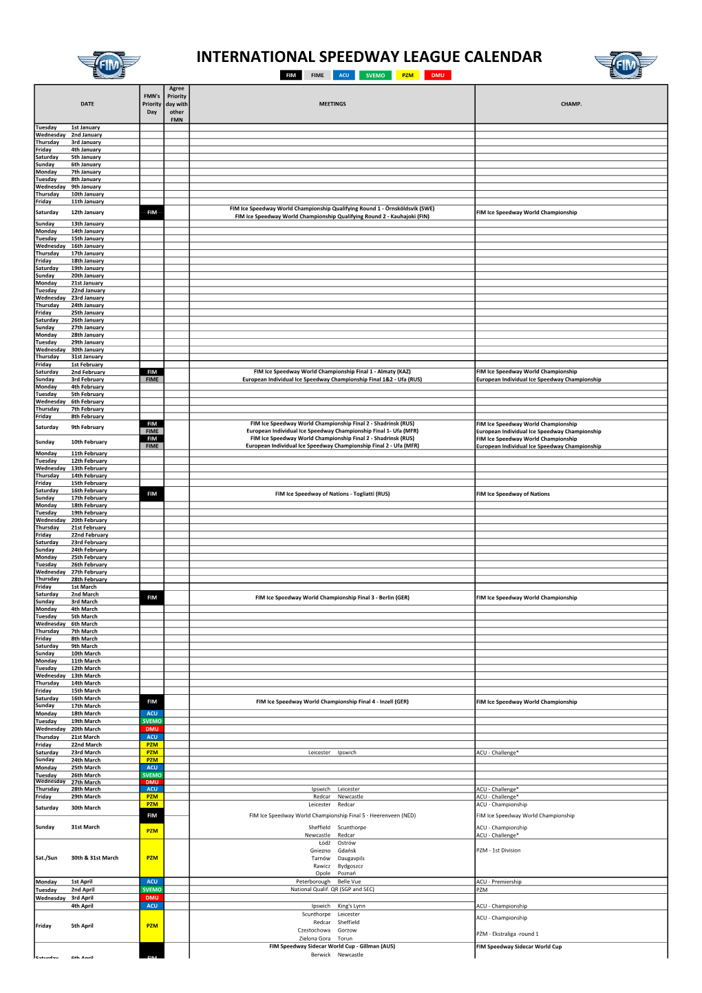 International Speedway League Calendar