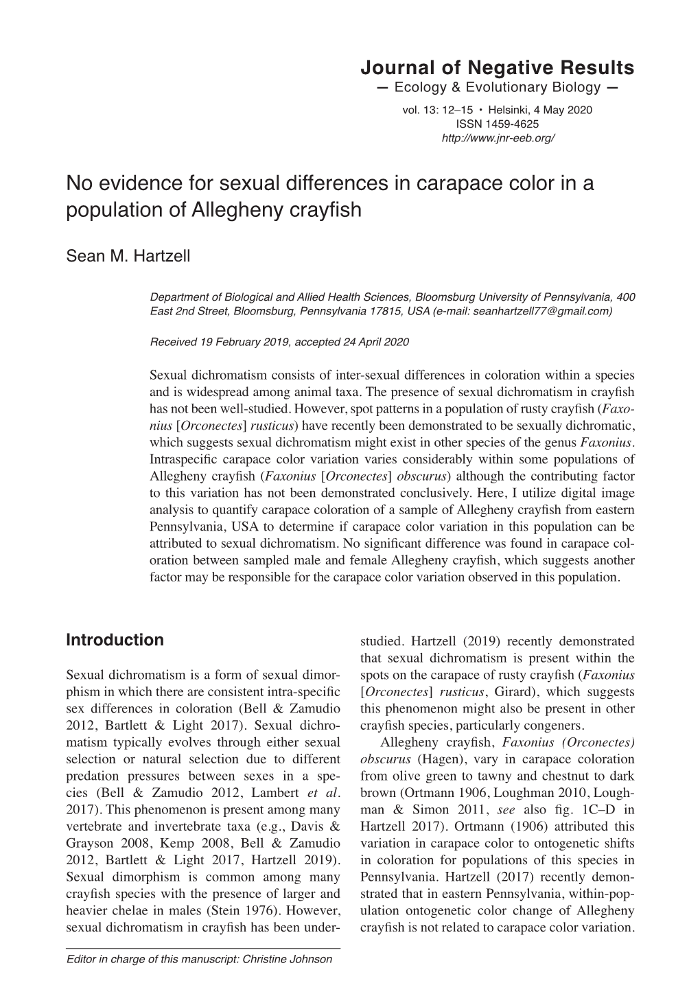 No Evidence for Sexual Differences in Carapace Color in a Population of Allegheny Crayfish