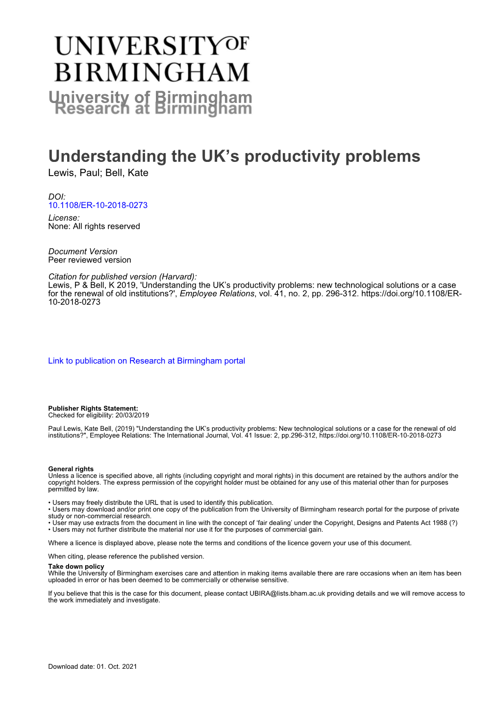 Understanding the UK's Productivity Problems: New Technological Solutions Or a Case for the Renewal of Old Institutions?