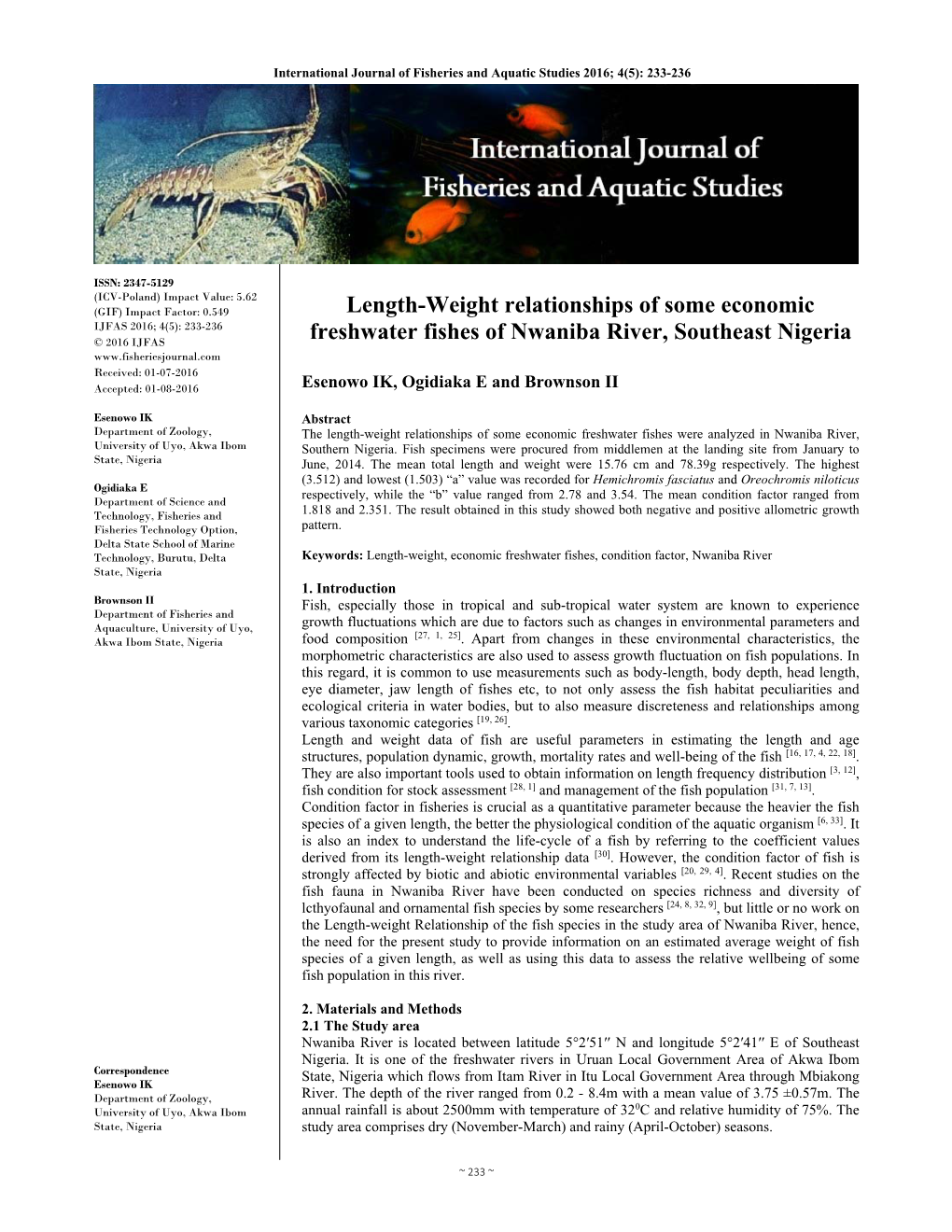 Length-Weight Relationships of Some Economic Freshwater Fishes of Nwaniba River, Southeast Nigeria