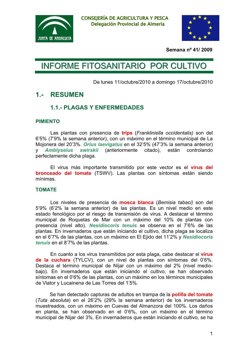 Informe Fitosanitario Por Cultivo