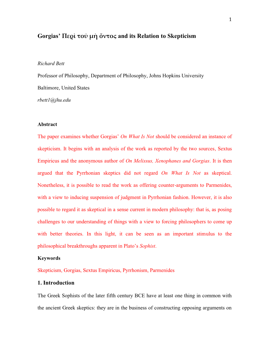 Gorgias' Περὶ Τοῦ Μὴ Ὄντος and Its Relation to Skepticism