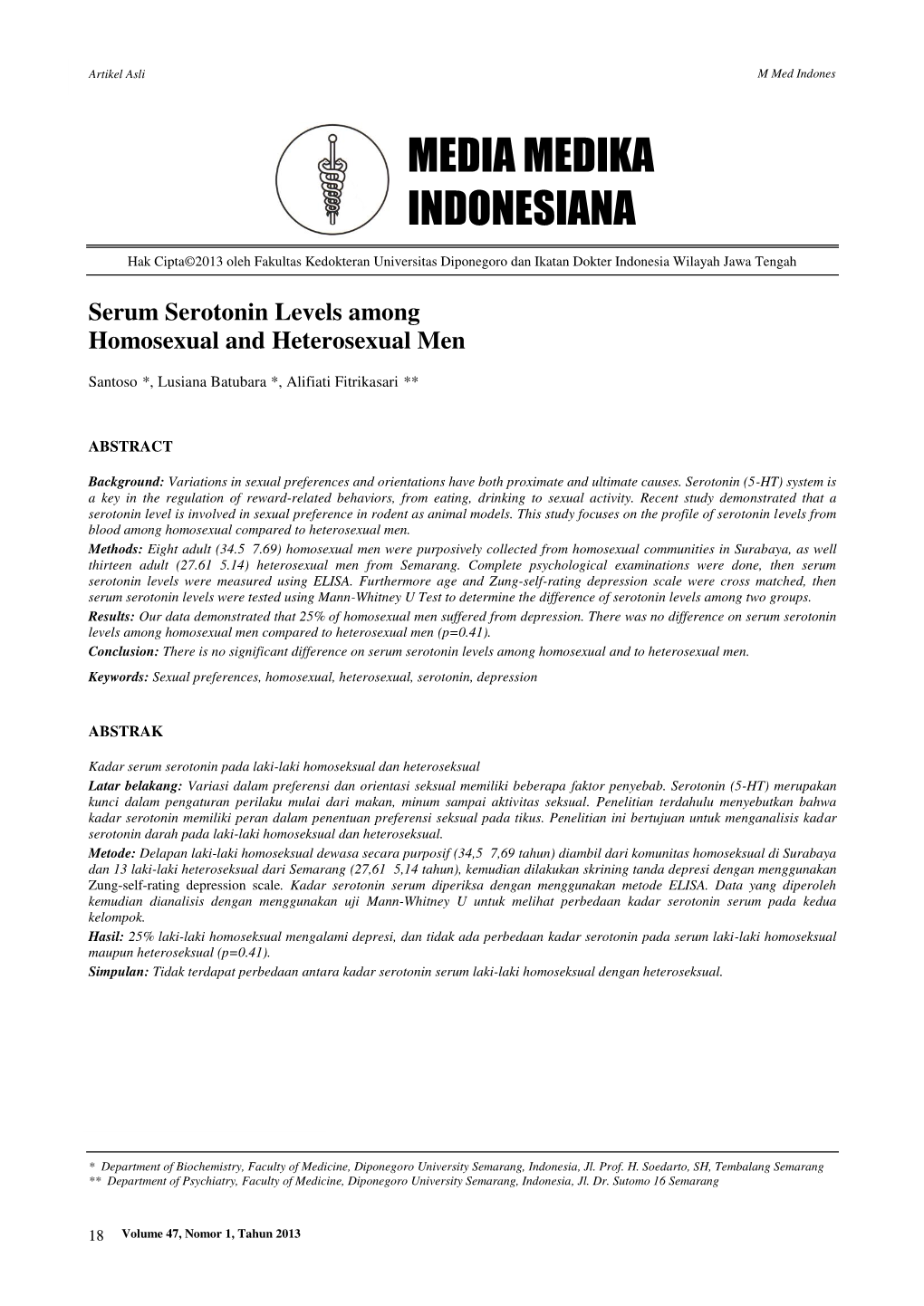 Serum Serotonin Levels Among Homosexual and Heterosexual Men