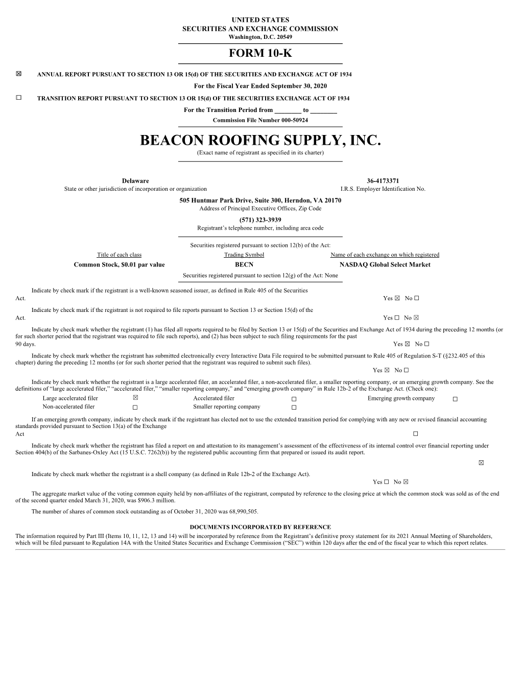 BEACON ROOFING SUPPLY, INC. (Exact Name of Registrant As Specified in Its Charter)