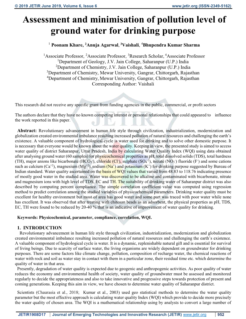 Assessment and Minimisation of Pollution Level of Ground Water for Drinking Purpose