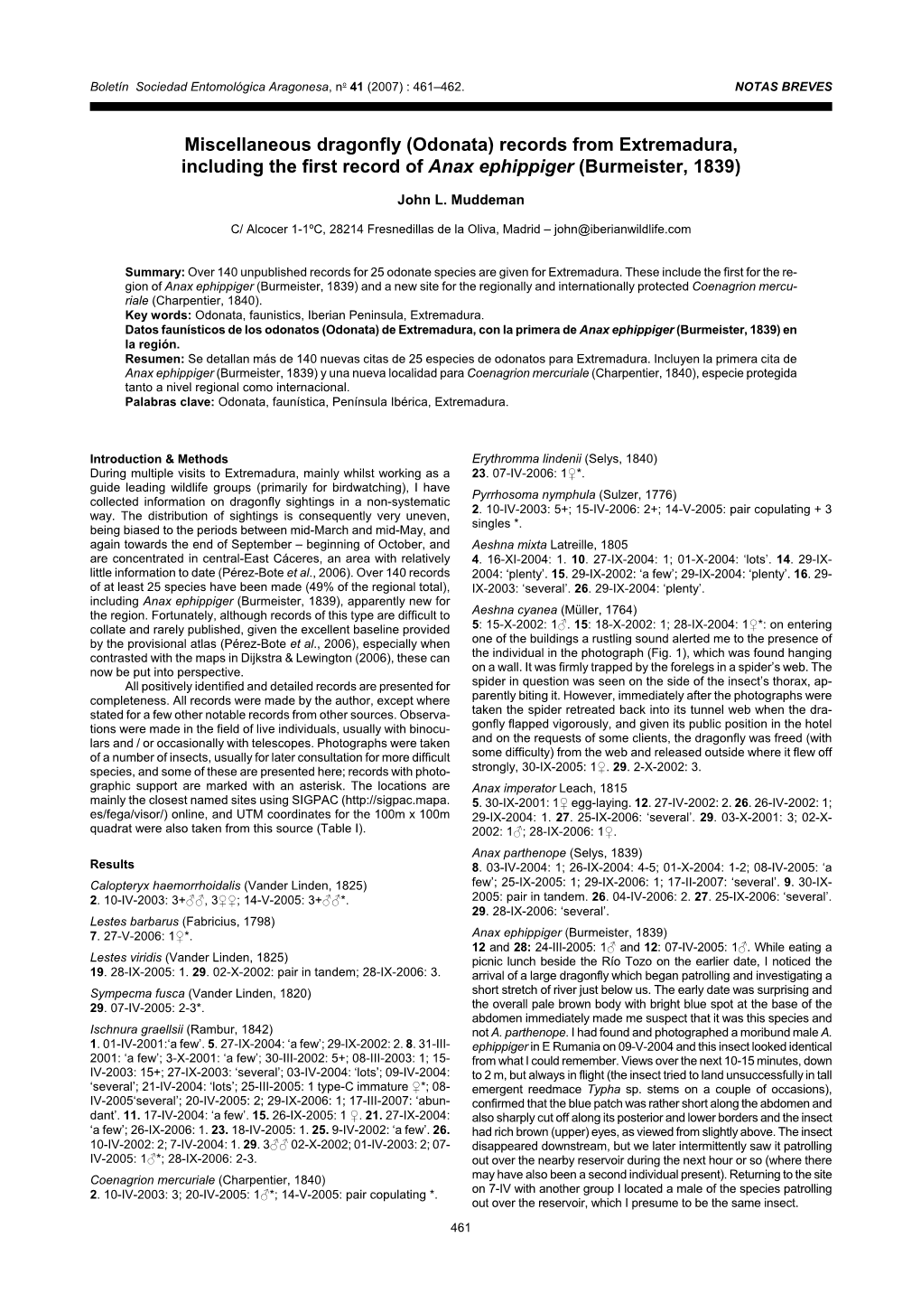 Miscellaneous Dragonfly (Odonata) Records from Extremadura, Including the First Record of Anax Ephippiger (Burmeister, 1839)