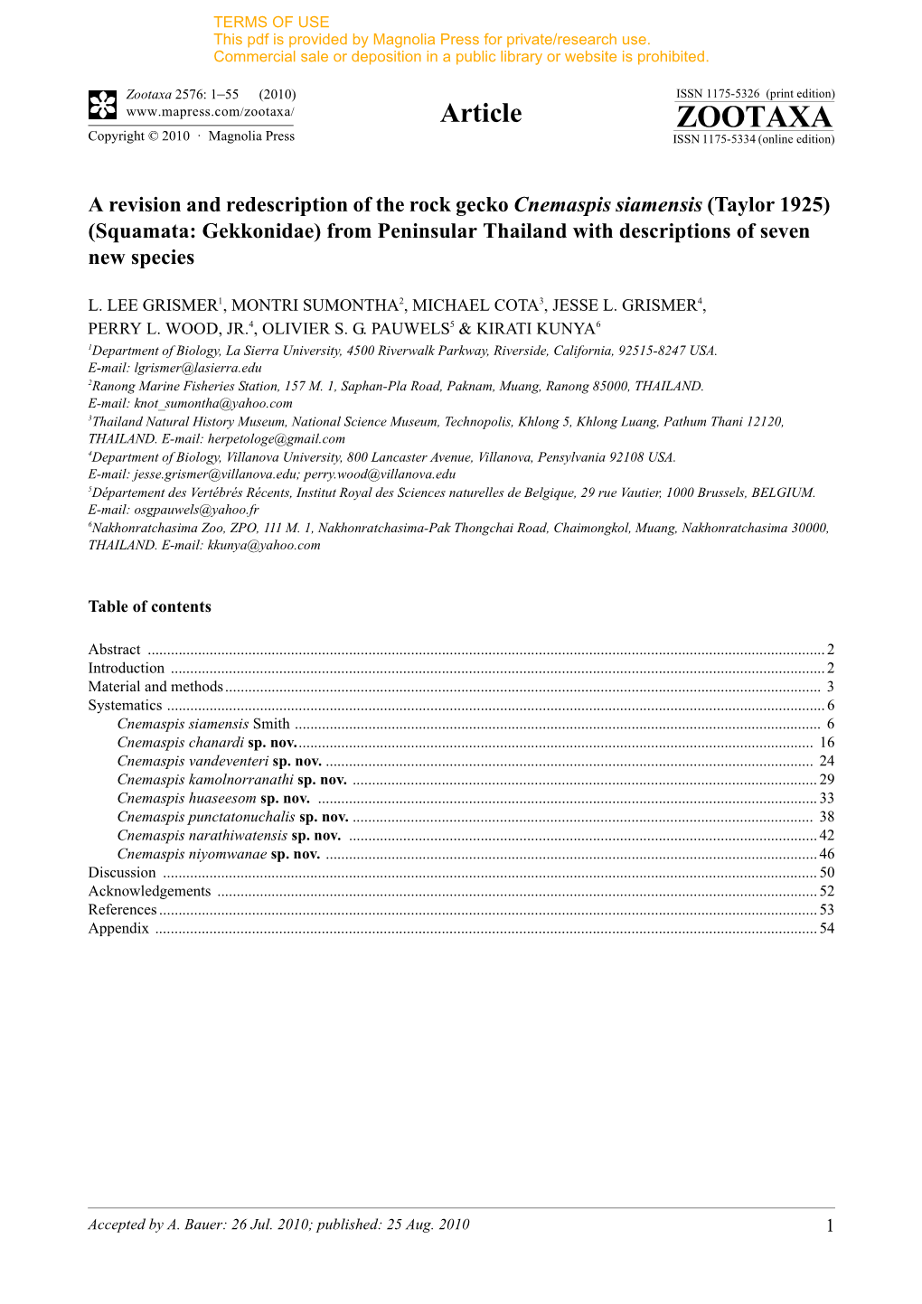 A Revision and Redescription of the Rock Gecko Cnemaspis Siamensis