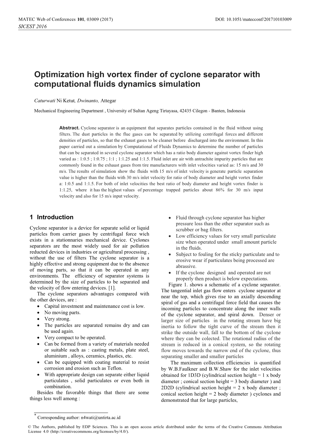 Optimization High Vortex Finder of Cyclone Separator with Computational Fluids Dynamics Simulation