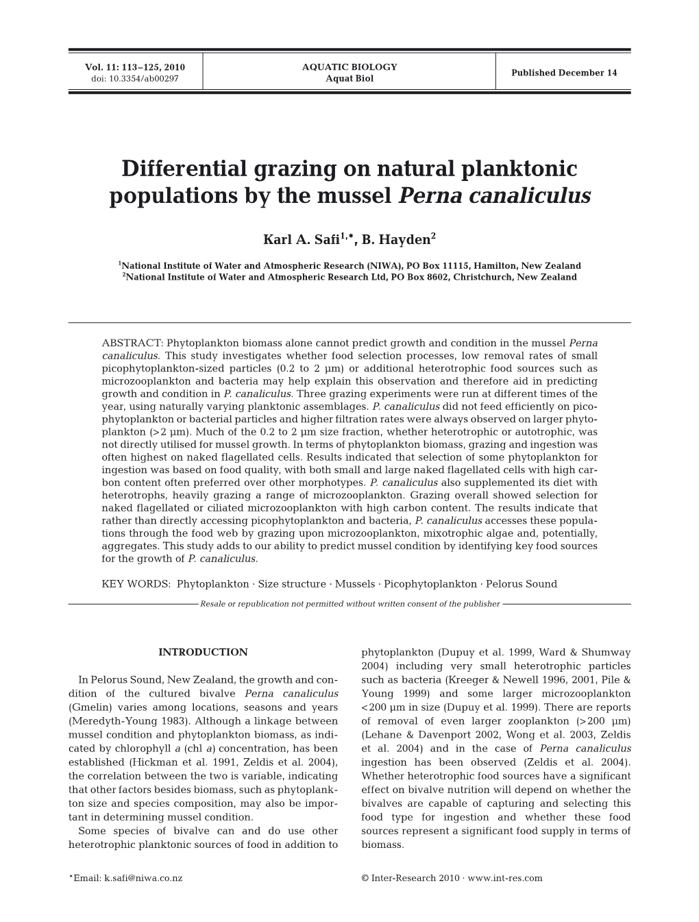 Differential Grazing on Natural Planktonic Populations by the Mussel Perna Canaliculus