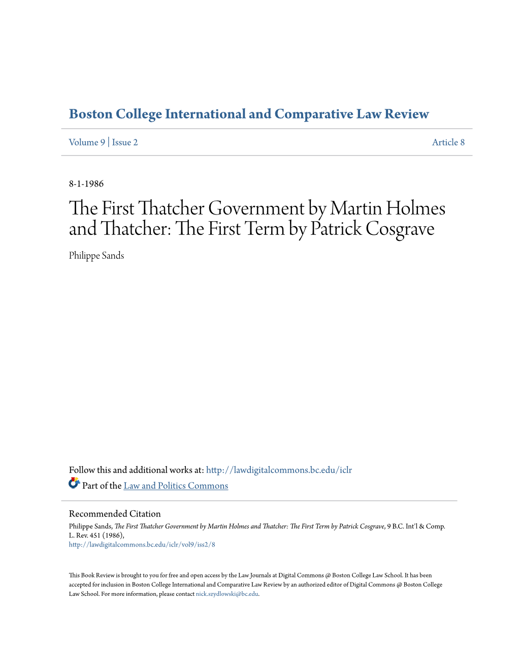 The First Thatcher Government by Martin Holmes and Thatcher: the First Term by Patrick Cosgrave, 9 B.C