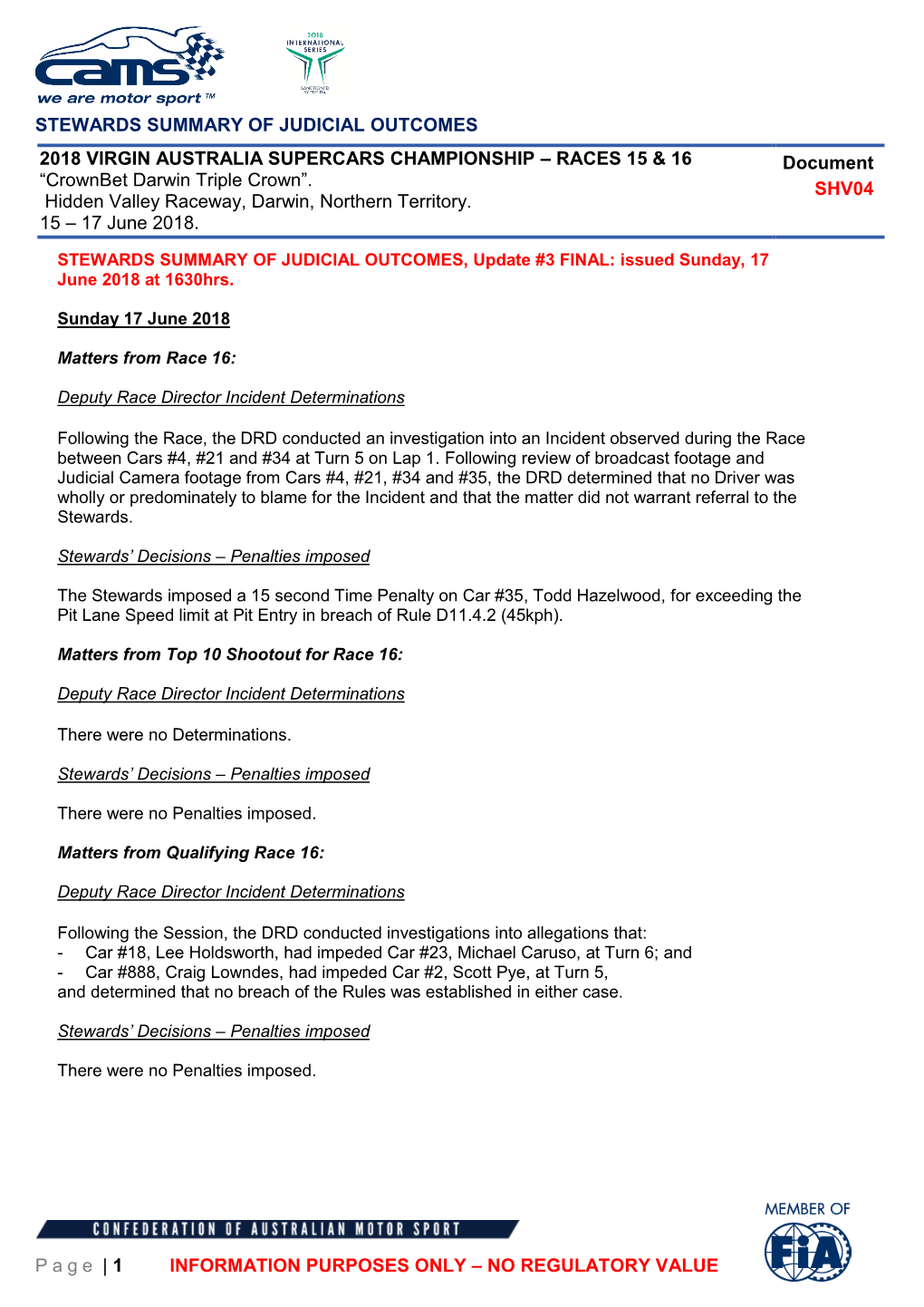 STEWARDS SUMMARY of JUDICIAL OUTCOMES Page | 1