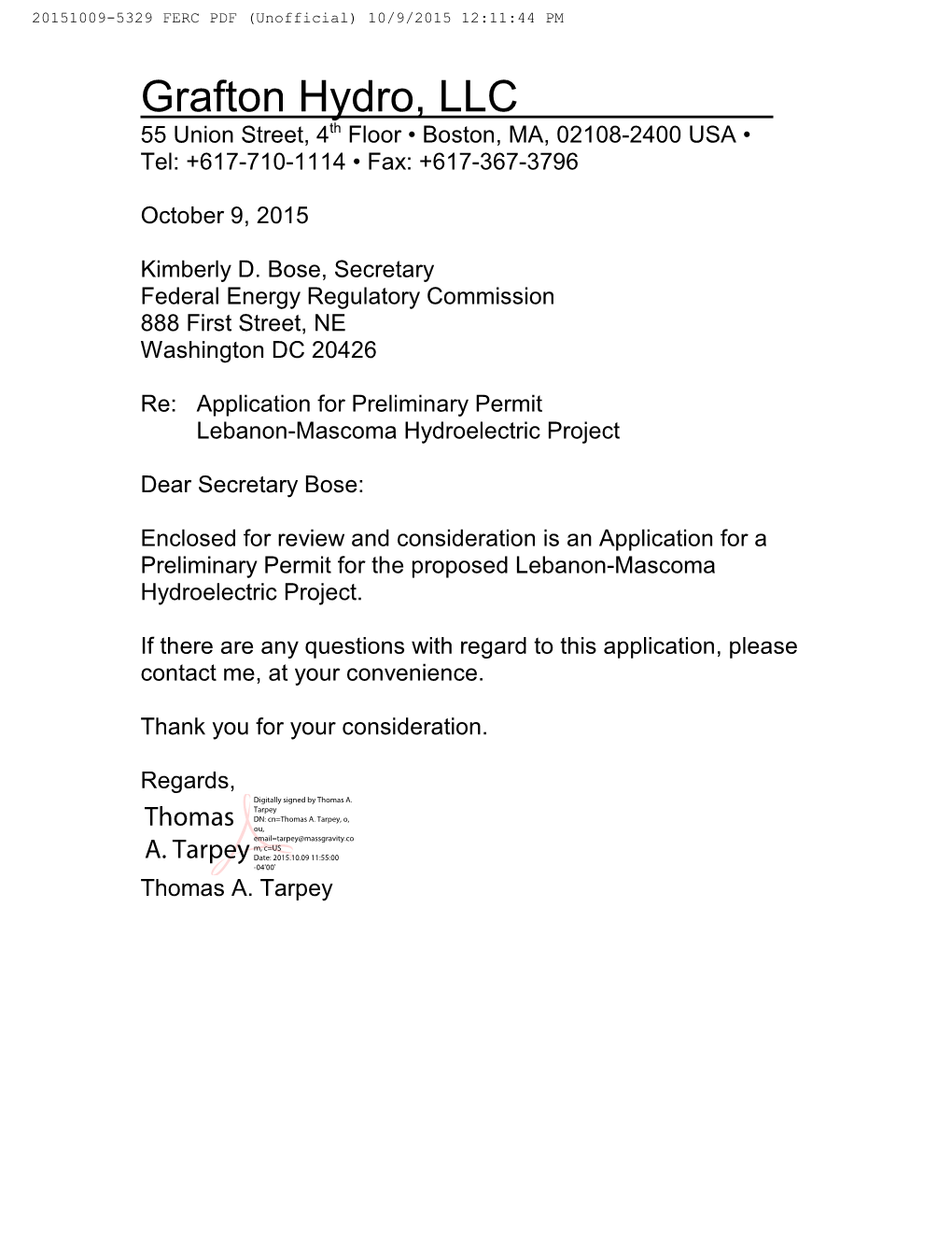 Grafton Hydro, LLC 55 Union Street, 4Th Floor • Boston, MA, 02108-2400 USA • Tel: +617-710-1114 • Fax: +617-367-3796