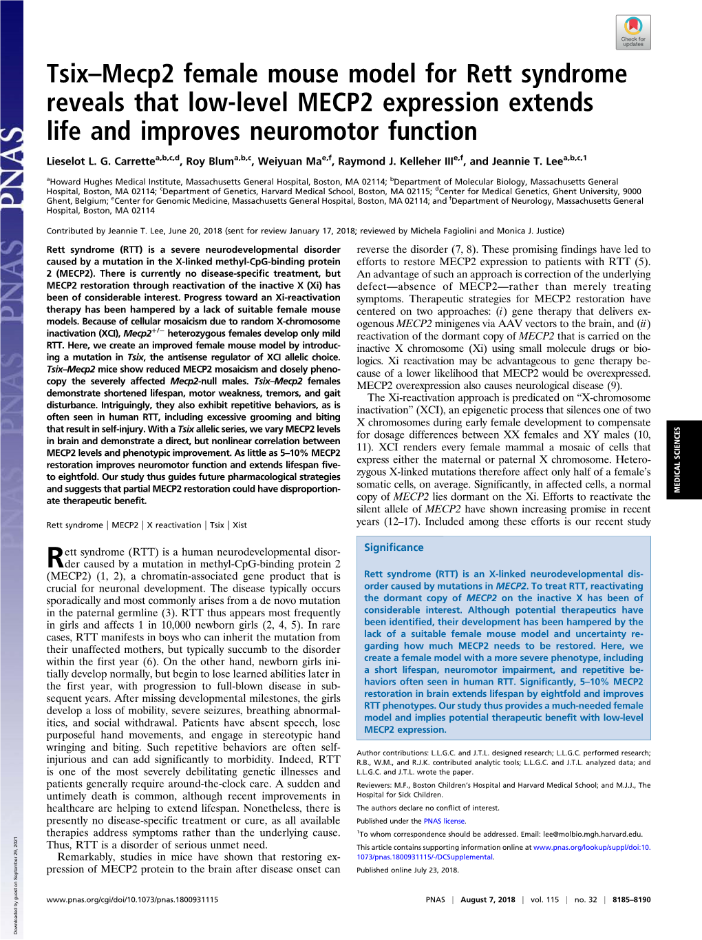 Tsix–Mecp2 Female Mouse Model for Rett Syndrome Reveals That Low-Level MECP2 Expression Extends Life and Improves Neuromotor Function