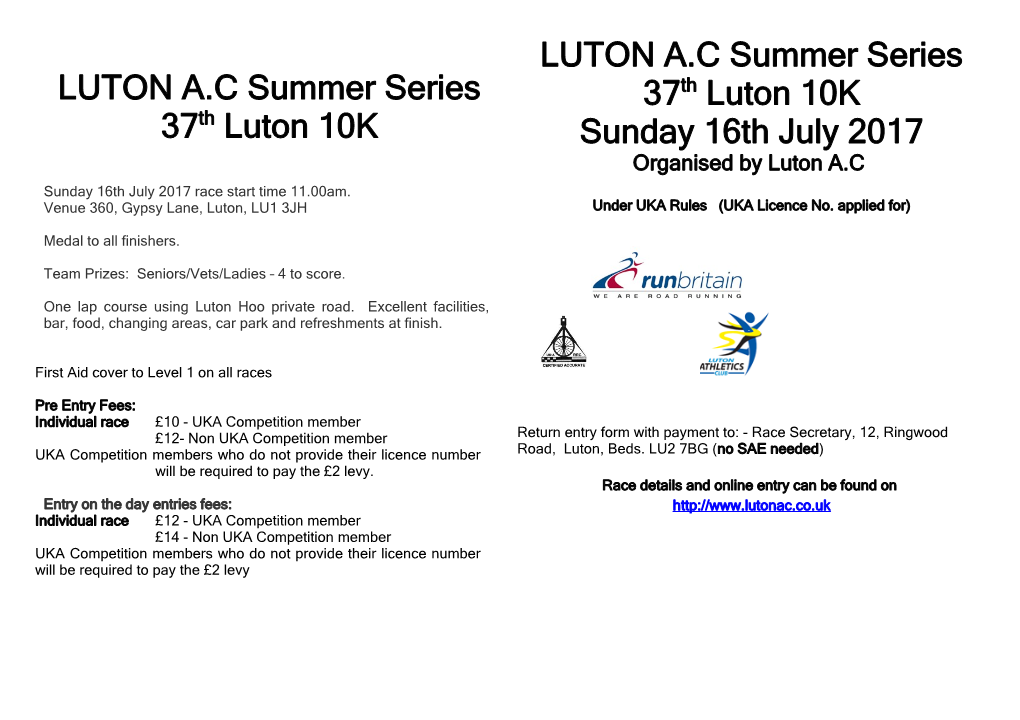 Luton Marathon Relay Entry Form