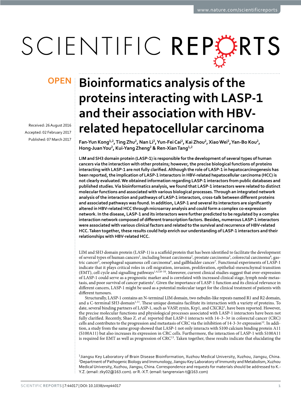 Bioinformatics Analysis of the Proteins Interacting with LASP-1 and Their Association with HBV-Related Hepatocellular Carcinoma