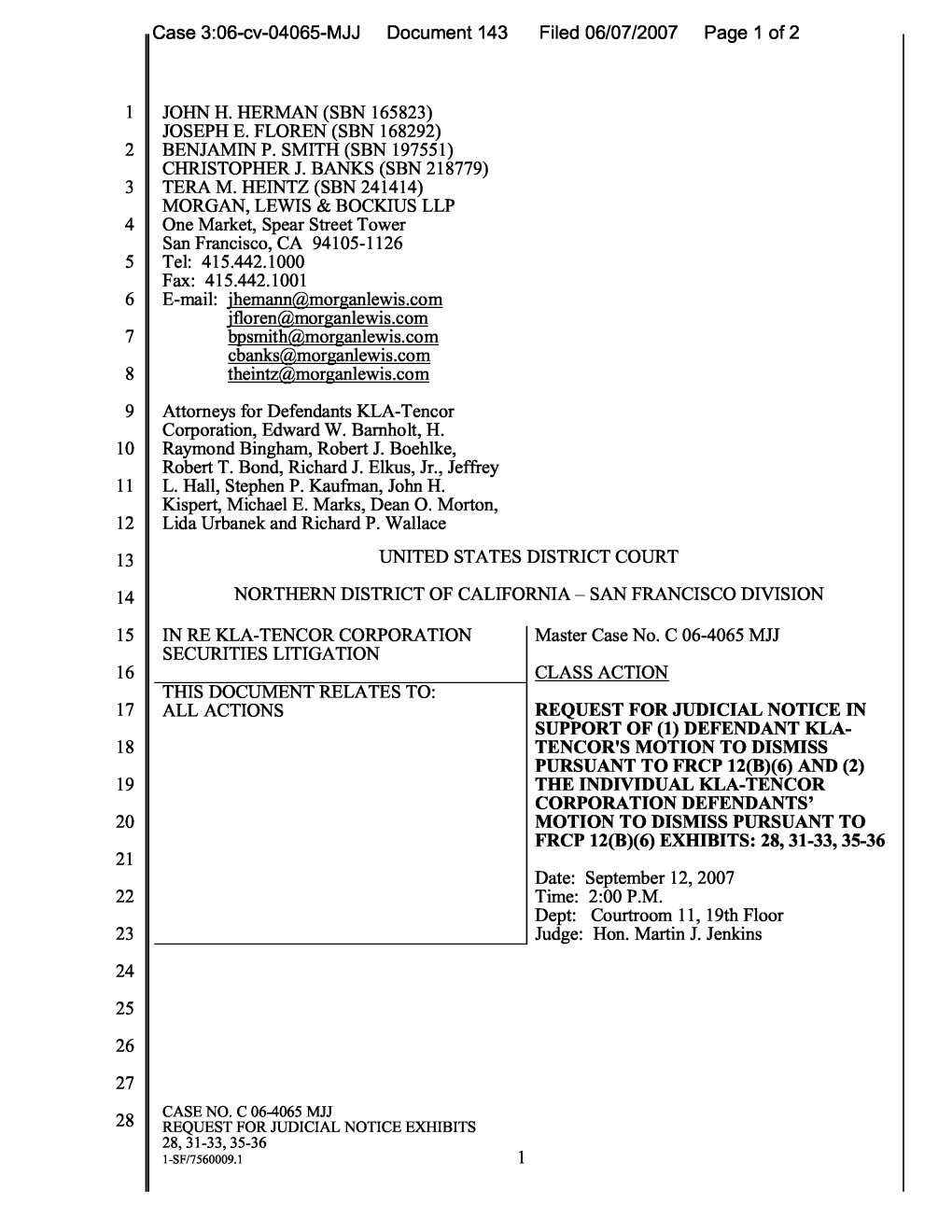 KLA-Tencor Corporation Securities Litigation 06-CV-04065-Request