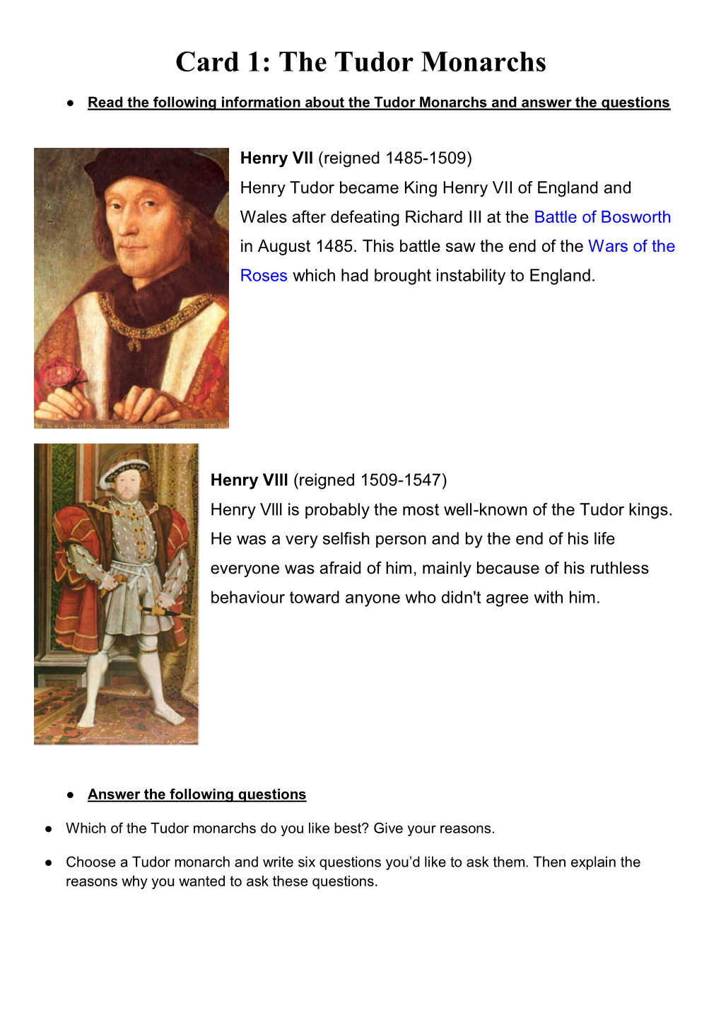 Card 1: the Tudor Monarchs