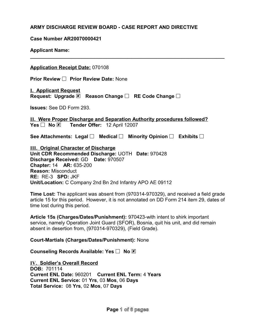 Army Discharge Review Board - Case Report and Directive