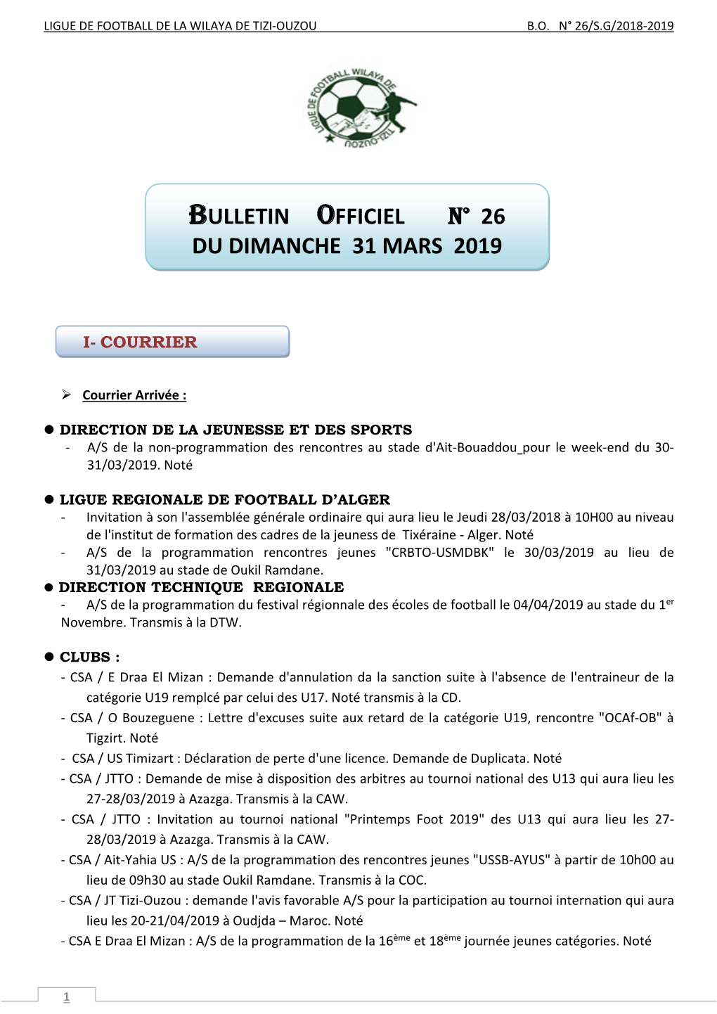 Bulletin Officiel N° 26 Du Dimanche 31 Mars 2019