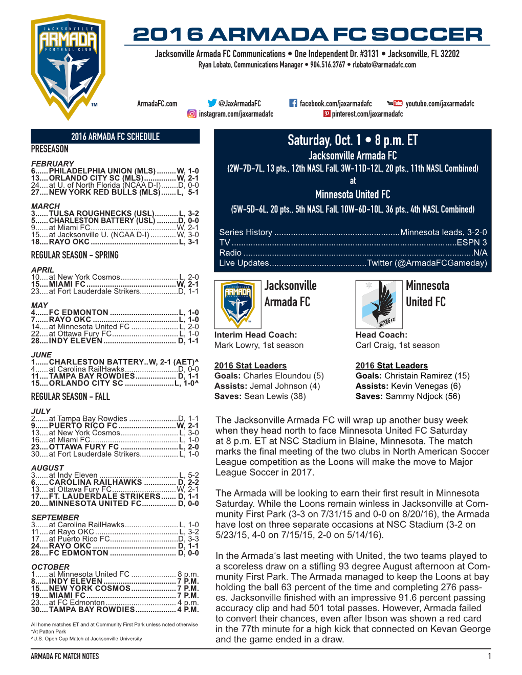 2016 ARMADA FC SOCCER Jacksonville Armada FC Communications • One Independent Dr