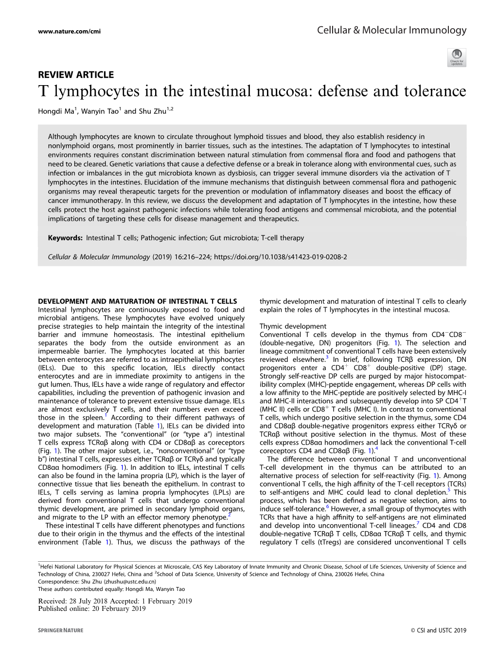 T Lymphocytes in the Intestinal Mucosa: Defense and Tolerance