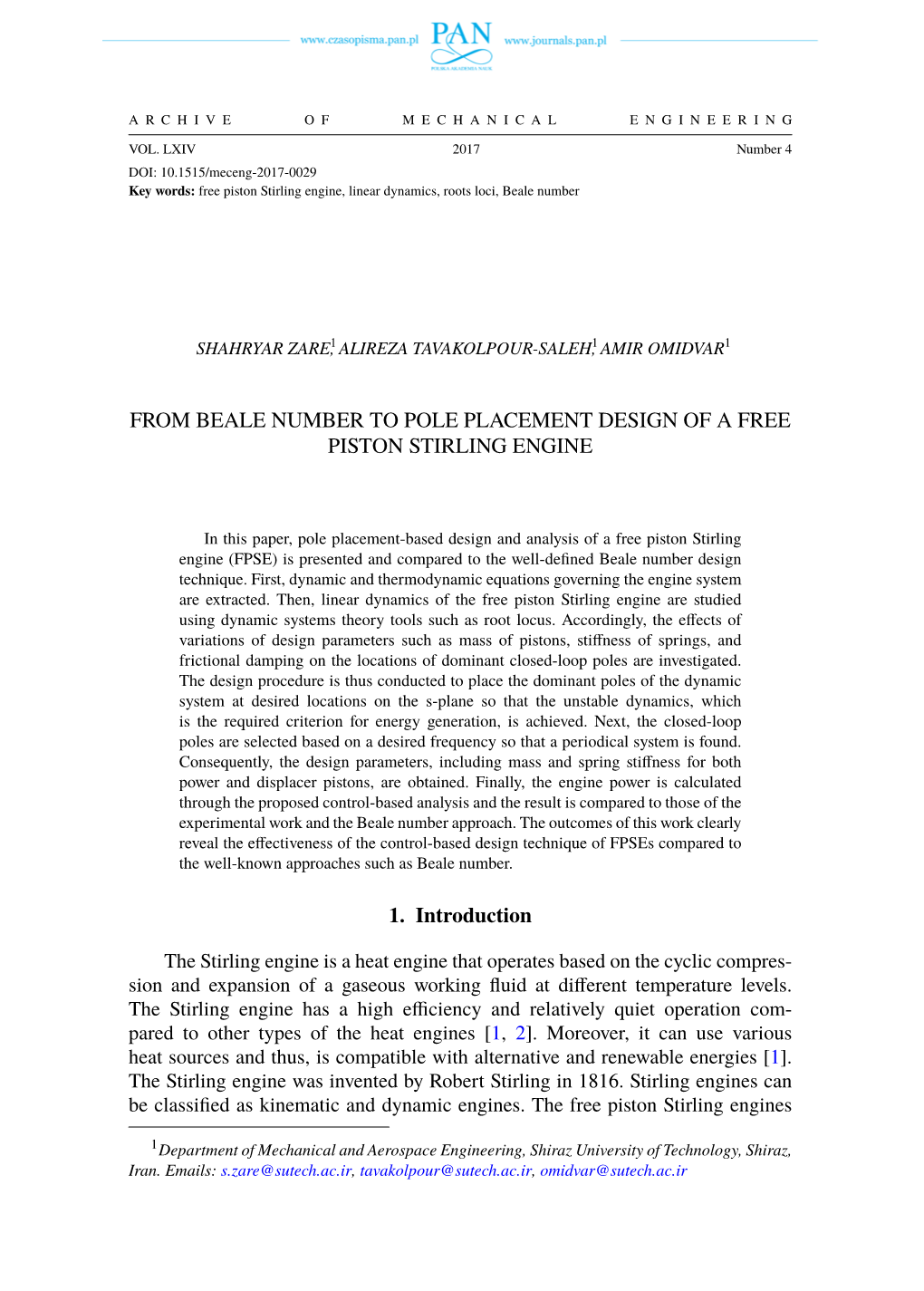 From Beale Number to Pole Placement Design of a Free Piston Stirling Engine