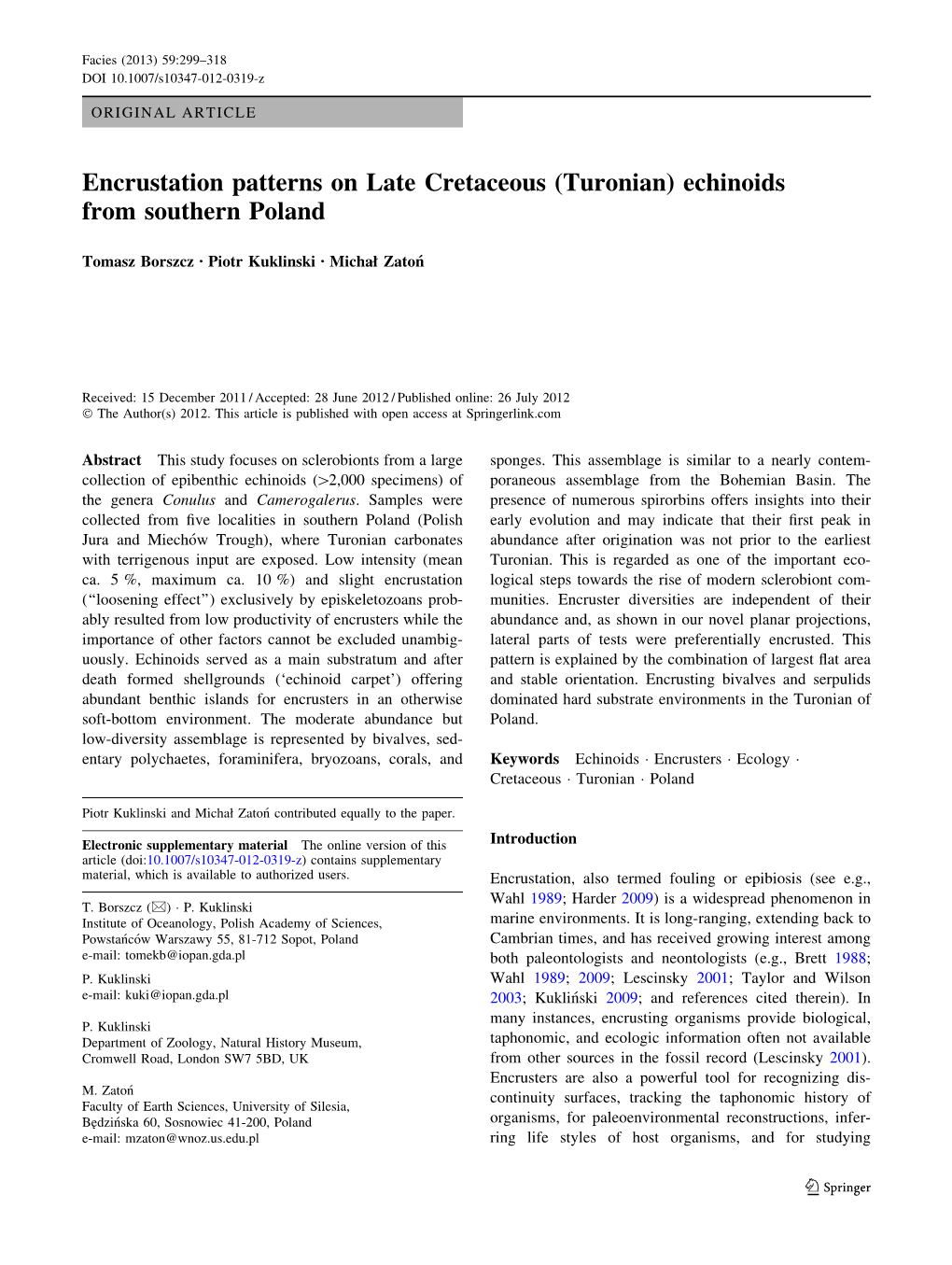 Encrustation Patterns on Late Cretaceous (Turonian) Echinoids from Southern Poland