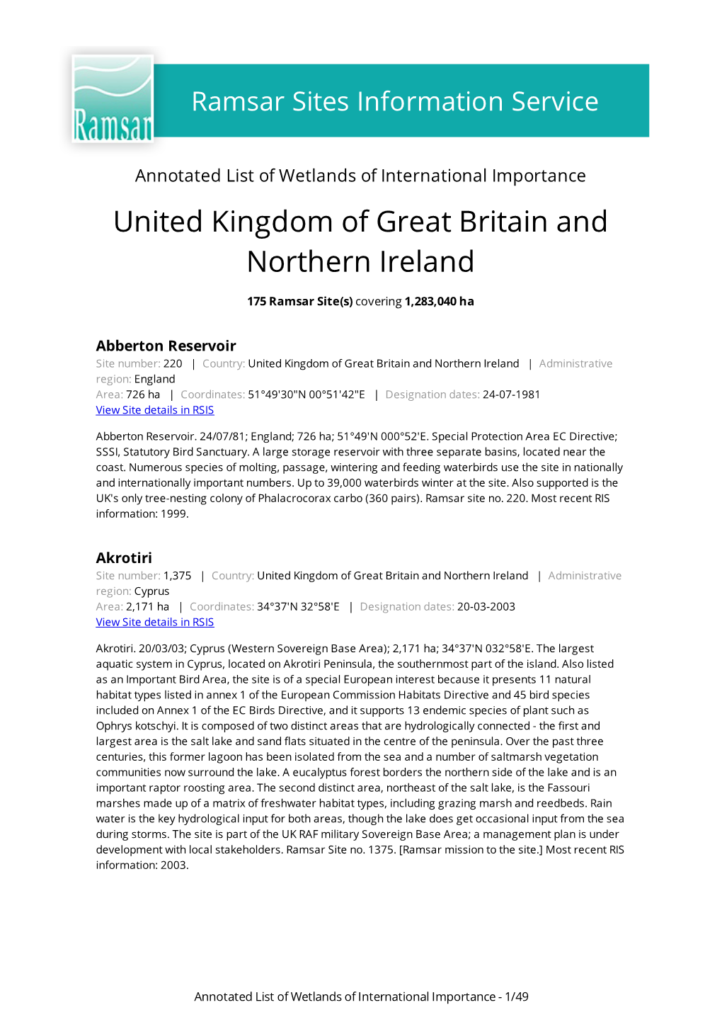 Annotated List of Wetlands of International Importance United Kingdom of Great Britain and Northern Ireland